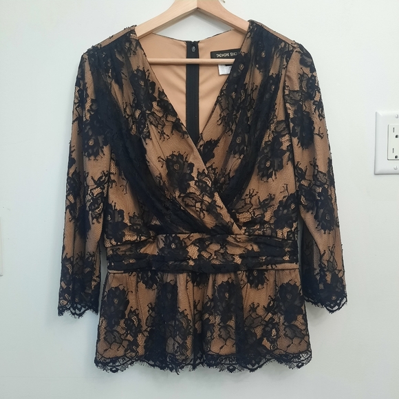 Tadashi Shoji Tops - TADASHI SHOJI Black Lace Nude Illusion Peplum Top